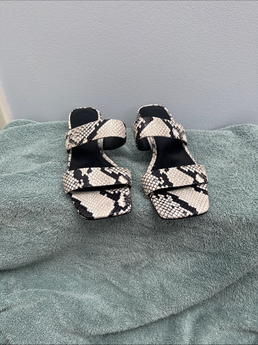 Marc Fisher Black & White Snake-Print Square-Toe Slide Heels